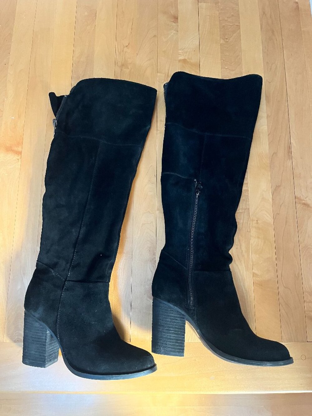 Beautiful Black Suede Boots with 3.5 Inch Block Heel, Size 8